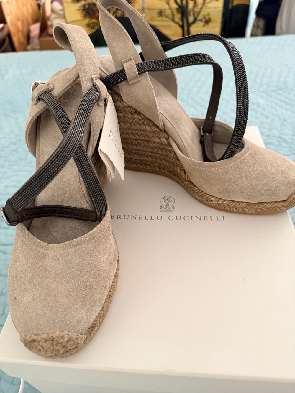 Brunello Cucinelli Taupe Suede Espadrille Wedge Sandals with Dark Brown Straps - Picture 3 of 7